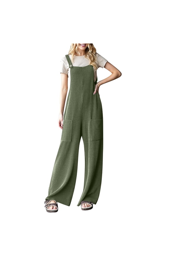 Women's Casual Jumpsuits Ribbed Front Pocket Loose Overalls One Piece Sleeveless Wide Leg Long Pant Rompers