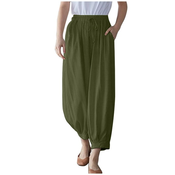 REALiKUN Women's Casual Lantern Tapered Harem Pants Flowy Beach Linen Drawstring Waist Wide Leg Palazzo Pants