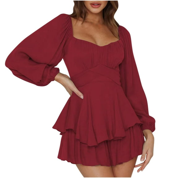 REALiKUN Women's Casual Off Shoulder Romper Double Layer Ruffle Hem Waist Tie Short Jumpsuits Long Baggy Sleeves Mini Dress