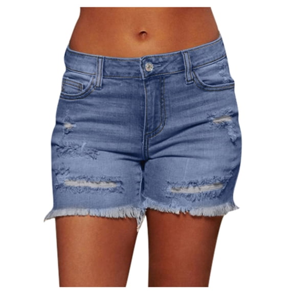 REALiKUN Women's Casual Summer Ripped Washed Distressed Stretch Denim Jean Shorts Blue M