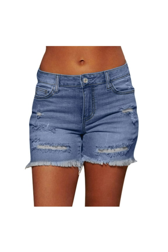 Women's Casual Summer Ripped Washed Distressed Stretch Denim Jean Shorts Blue S