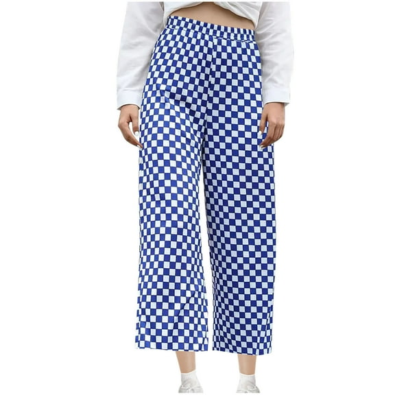 REALiKUN Women's Checkered Printed High Elastic Waisted Wide Leg Pants Loose Fitted Streetwear Long Pants