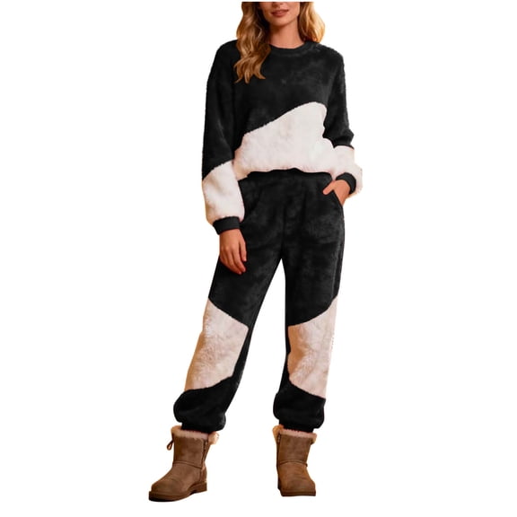 REALiKUN Women's Color Block Fleece Sweatsuit, Long Sleeve Crewneck Tracksuit, Fuzzy Lounge Set with Pockets