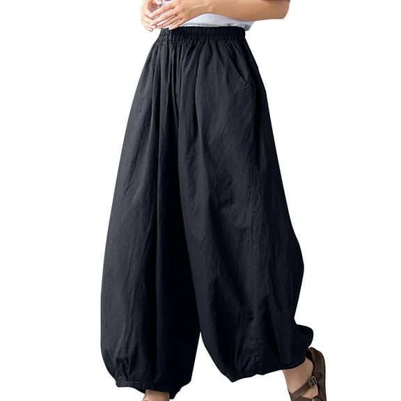 REALiKUN Women's Cotton Linen Baggy Pants Elastic High Waist Wide Leg Lantern Pants Casual Loose Trouser with Pockets