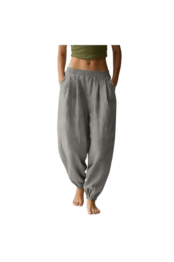 Women's Cotton Linen Tapered Pants, Pleated Front with Elastic Waist, Boho Casual & Classic Summer Trousers