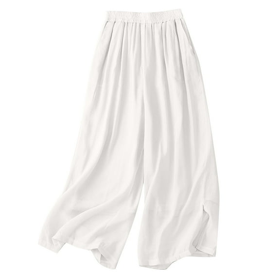 REALiKUN Women's Cotton Linen Wide Leg Pants Summer High Waisted Drawstring Palazzo Pant Casual Beach Pants Baggy Trousers