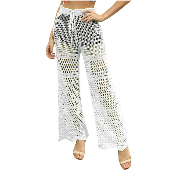 REALiKUN Women's Cover Up Pants Drawstring Crochet Knitted Sheer Beach Cover Up Pants Swimwear