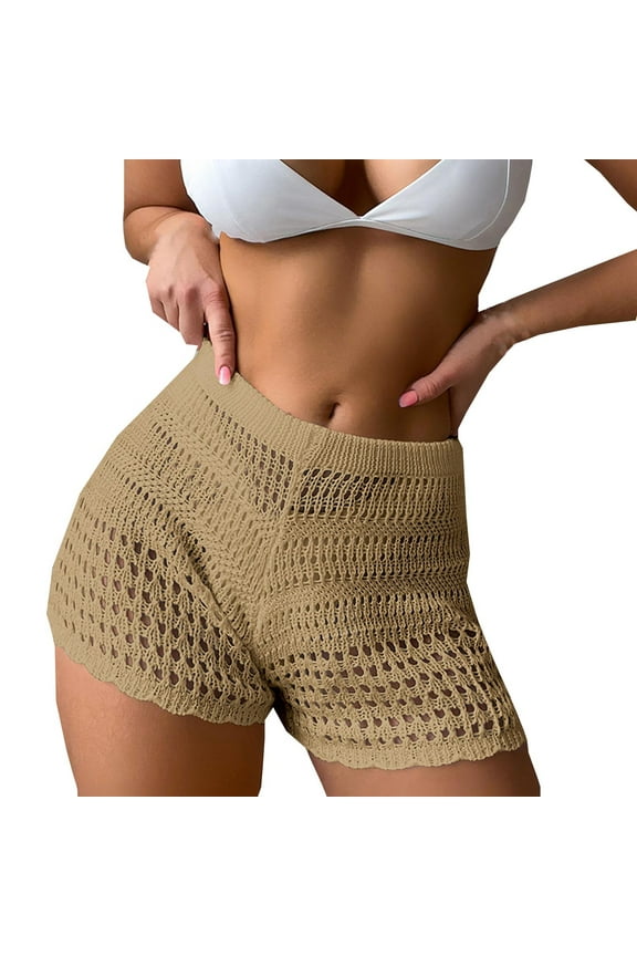 Women's Crochet Cover Up Shorts, Tie Waist Hollow Out Boho Beach Shorts for Swimming & Vacation