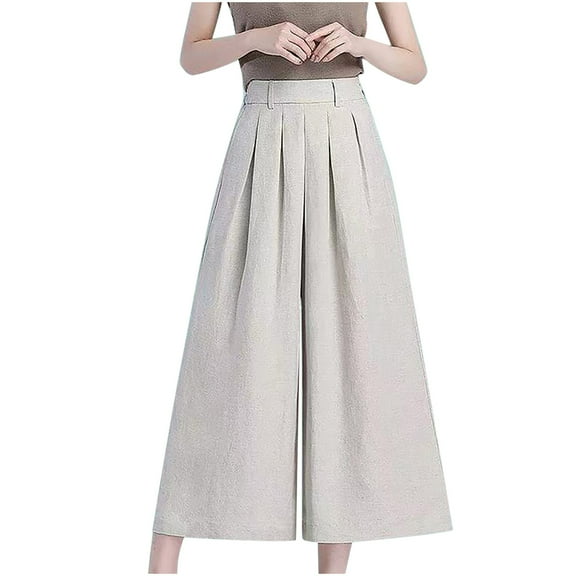 REALiKUN Women' s Culottes Linen Pants Summer Vacation Beach Capris Crop Casual Wide Leg Palazzo Pants