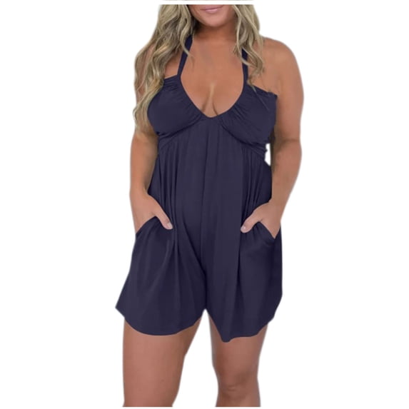 REALiKUN Women's Deep V-Neck Sling Jumpsuit, Sexy Sleeveless Shorts Romper with Pockets - Summer Casual Overalls Playsuit