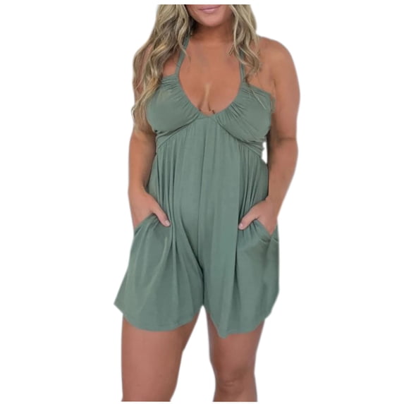 REALiKUN Women's Deep V-Neck Sling Jumpsuit, Sexy Sleeveless Shorts Romper with Pockets - Summer Casual Overalls Playsuit
