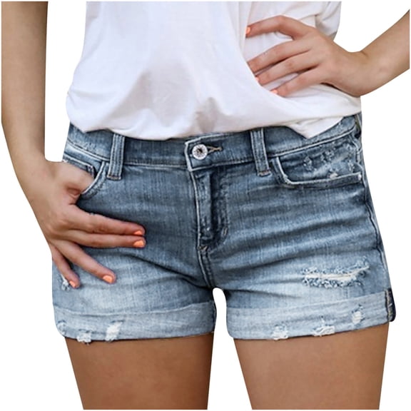 REALiKUN Women's Denim Jean Short Ripped High Waist Cut Off Light blue M