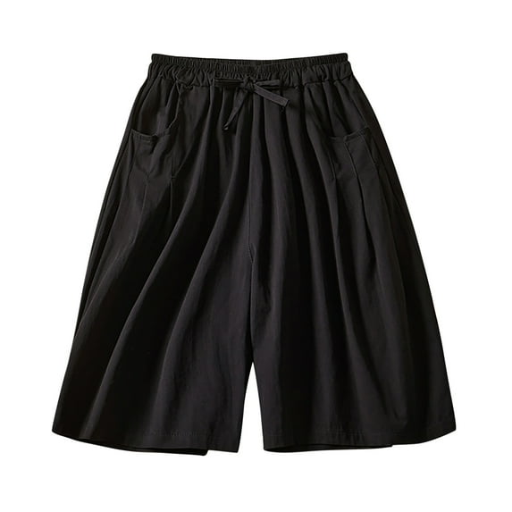 REALiKUN Women's Drawstring Linen Bermuda Shorts for Women Elastic Waist Summer Cotton Short Black XL