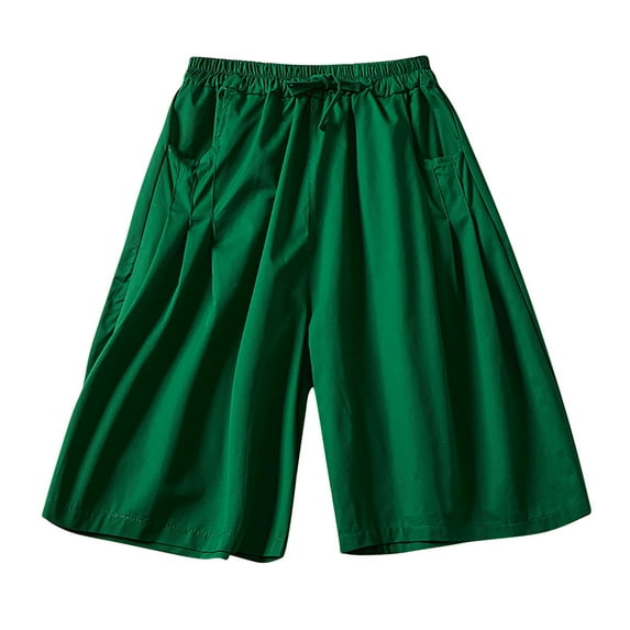 REALiKUN Women's Drawstring Linen Bermuda Shorts for Women Elastic Waist Summer Cotton Short Green L