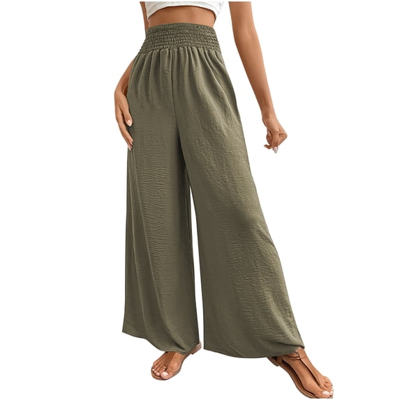 REALiKUN Women's Elastic High Waist Pants Light Weight Loose Casual Cotton line Wide Leg Trousers Long Pants with Pocket