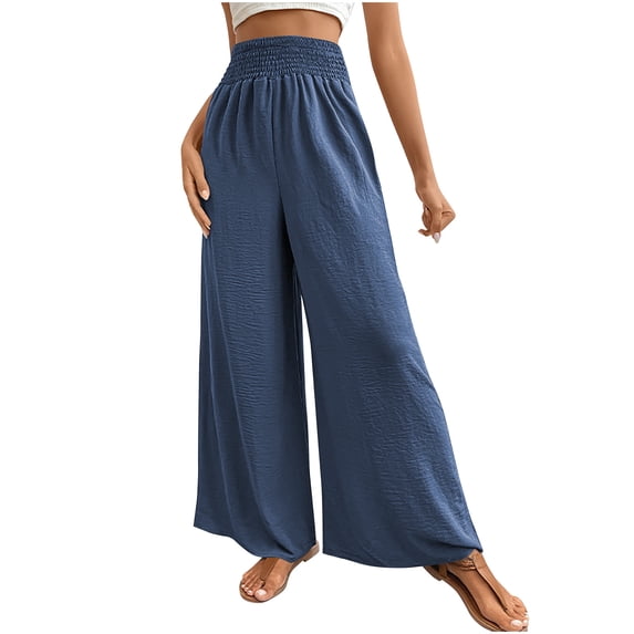 REALiKUN Women's Elastic High Waist Pants Light Weight Loose Casual Cotton line Wide Leg Trousers Long Pants with Pocket