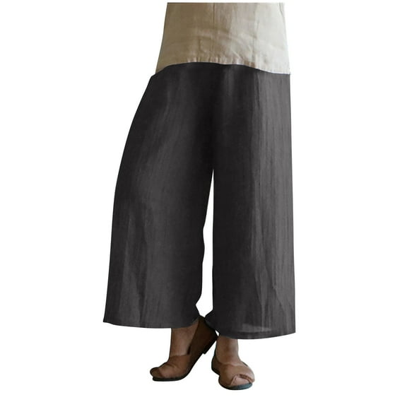 REALiKUN Women's Elastic Waist Wide Leg Solid Color Casual Palazzo Capri Culottes Pants