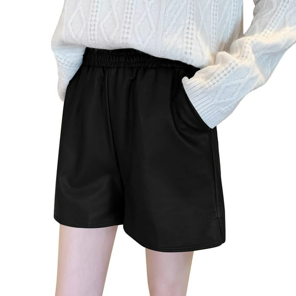 REALiKUN Women's Faux Leather Wide Leg Shorts, Elastic Waist Baggy Casual Shorts with Pockets for Going Out & Vacation