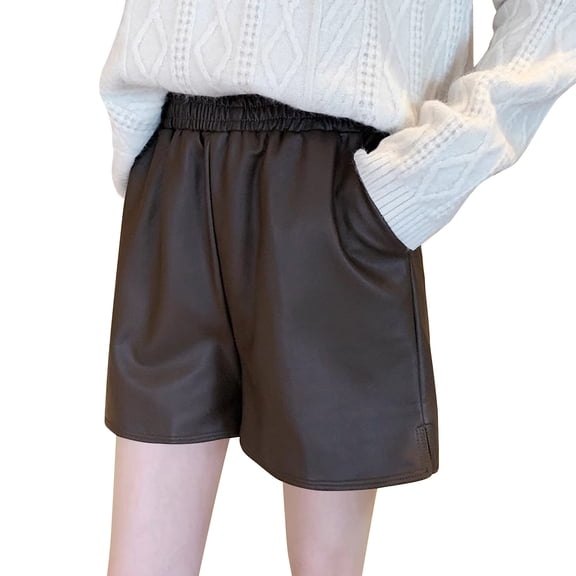 REALiKUN Women's Faux Leather Wide Leg Shorts, Elastic Waist Baggy Casual Shorts with Pockets for Going Out & Vacation