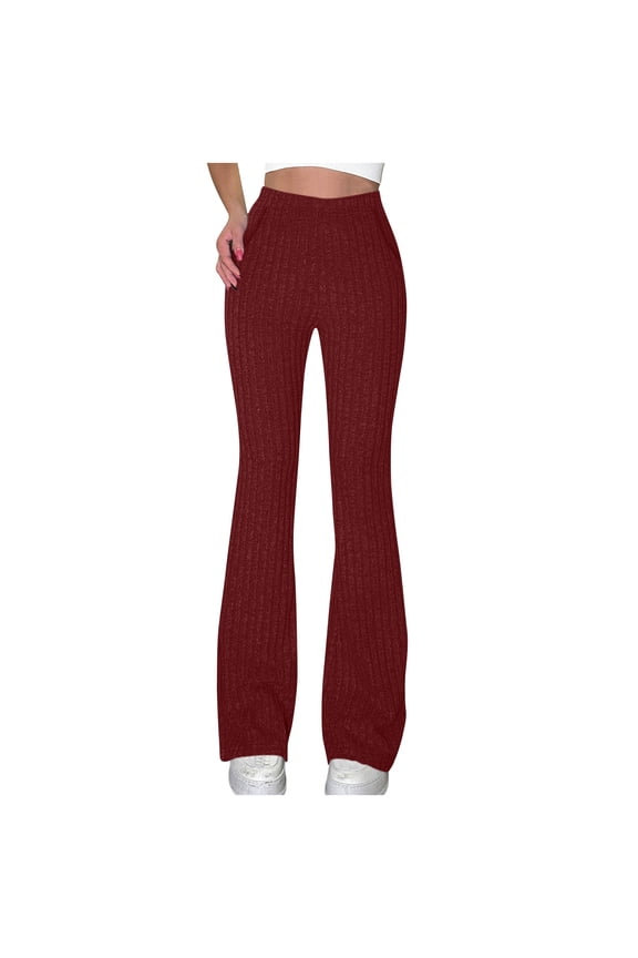 Women's Flare Leggings - Ribbed Pants High Elastic Waisted Casual Yoga Comfy Pant, Bootcut Solid Trousers for Everyday & Fitness