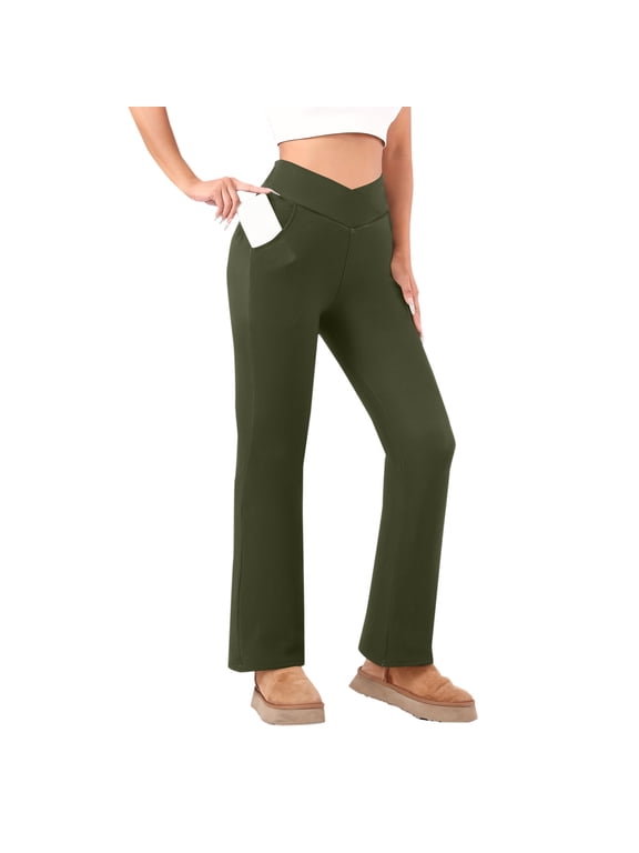 Women's Fleece Lined Bootcut Leggings, Winter Thermal Yoga Pants with Pockets for Hiking & Casual