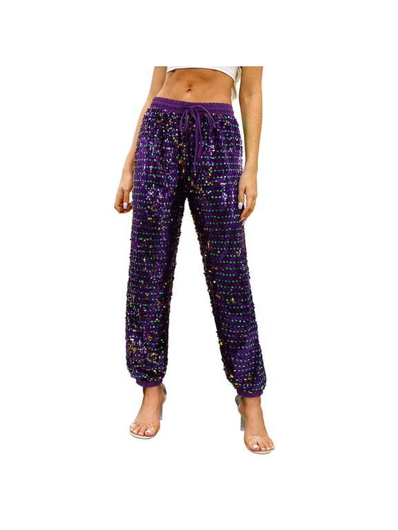 Women's Glitter Sequin Long Pants Bling Party Clubwear Elastic Drawstring Casual Trousers