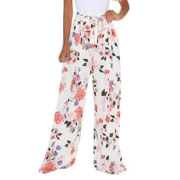 REALiKUN Women's High Waist Belted Pockets Pants Graphic Print Wide Leg Loose Palazzo Pants Trousers White S