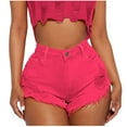 thumbnail image 1 of REALiKUN Women's High Waist Button Denim Shorts with Pockets Distressed Hem Ripped Details Summer Casual Jeans, 1 of 5