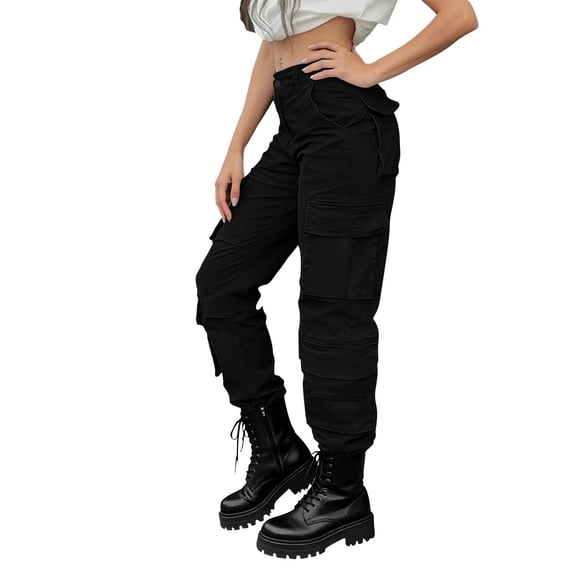 REALiKUN Women's High Waist Cargo Pants, Baggy Straight to Wide Leg Streetwear Trousers with Multiple Pockets
