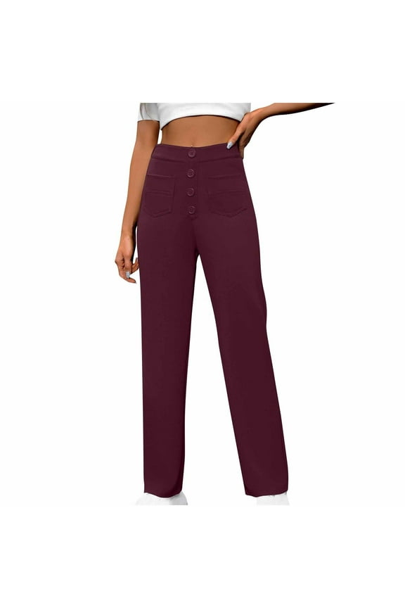 Women's High Waist Pants Casual Straight Leg Pant Business Button Down Work Pants Trousers with Pockets