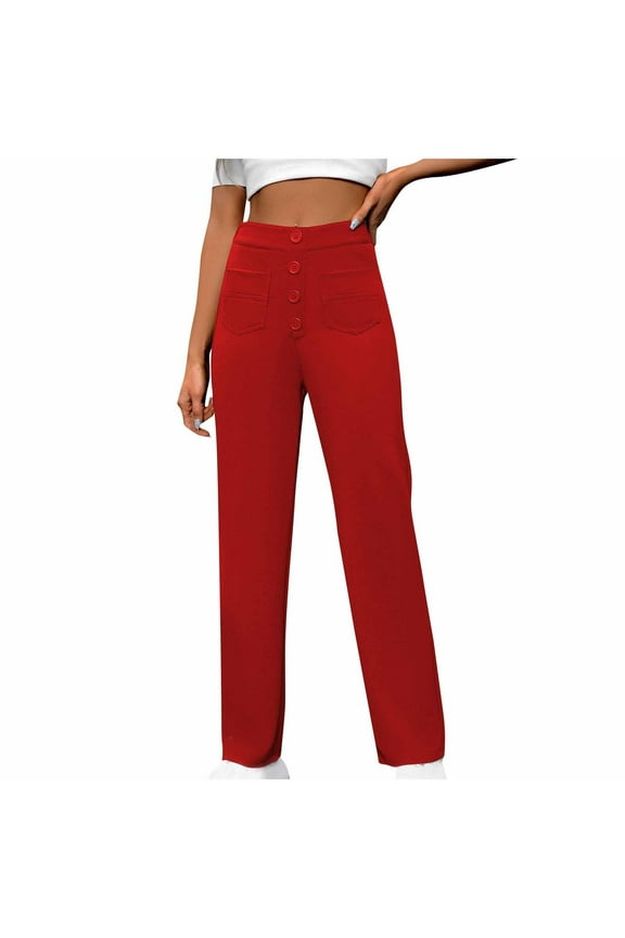 Women's High Waist Pants Casual Straight Leg Pant Business Button Down Work Pants Trousers with Pockets