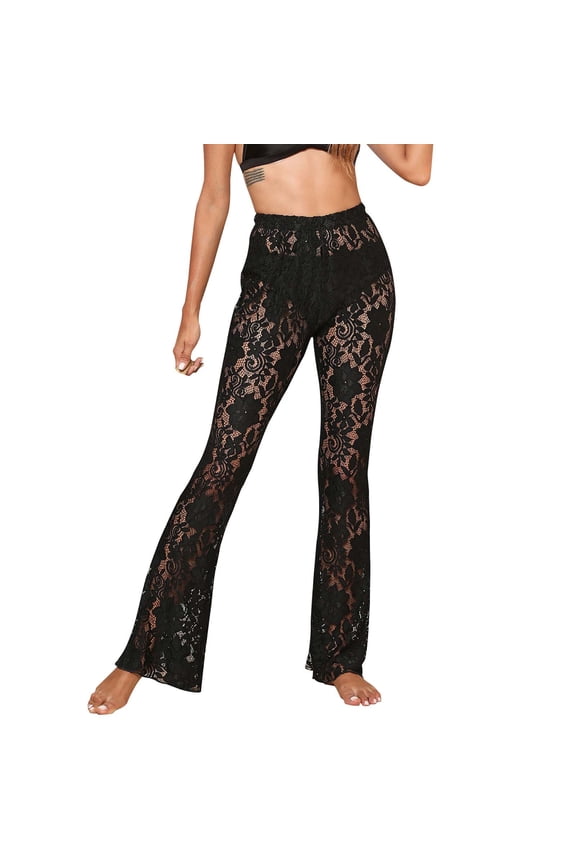 Women’s High Waist Rave Mesh Sheer Pants Flared Bell Bottom Pants Festival Dance Clubwear