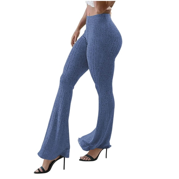 REALiKUN Women's High Waist Ribbed Palazzo Pants Fashion Bell Bottom Trousers Wide Leg Flare Dressy Pants