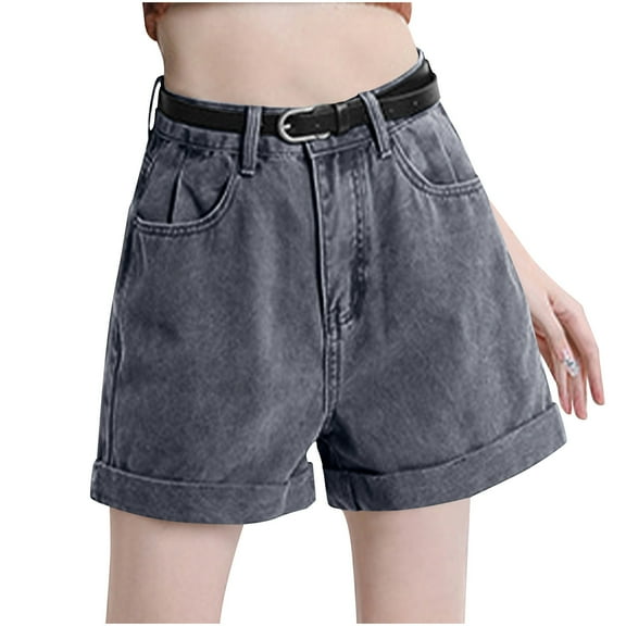 REALiKUN Women's High Waist Wide Leg Denim Shorts, Rolled Hem Stretch Casual Jean Shorts with Pockets for Summer