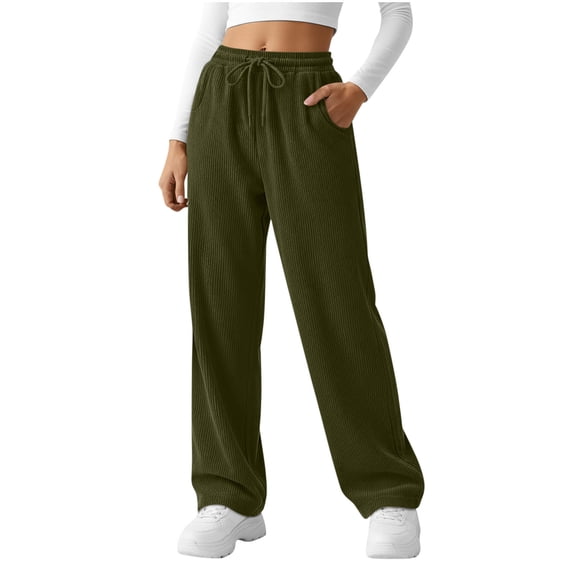 REALiKUN Women's High Waisted Baggy Corduroy Pants Wide Leg Elastic Waist Loose Casual Trousers with Pockets