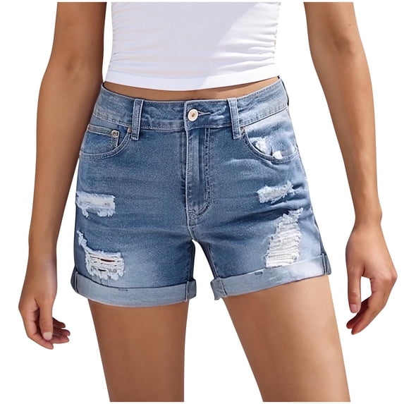 REALiKUN Women's High Waisted Denim Shorts with Rolled Hem, Distressed & Ripped Casual Shorts for Summer