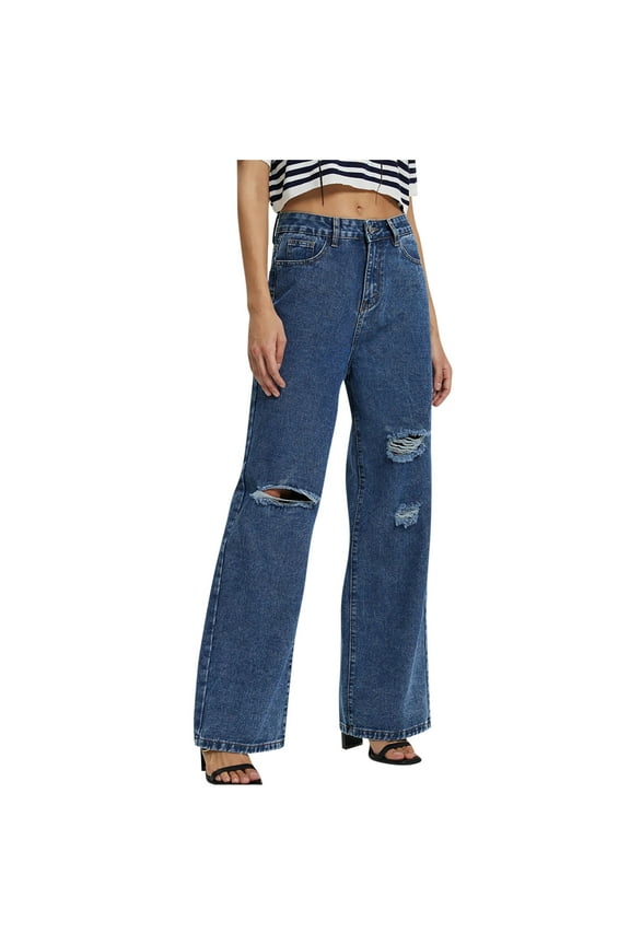 Women's High Waisted Frayed Ripped Wide Leg Baggy Jeans Loose Trousers Distressed Denim Pants with Pockets
