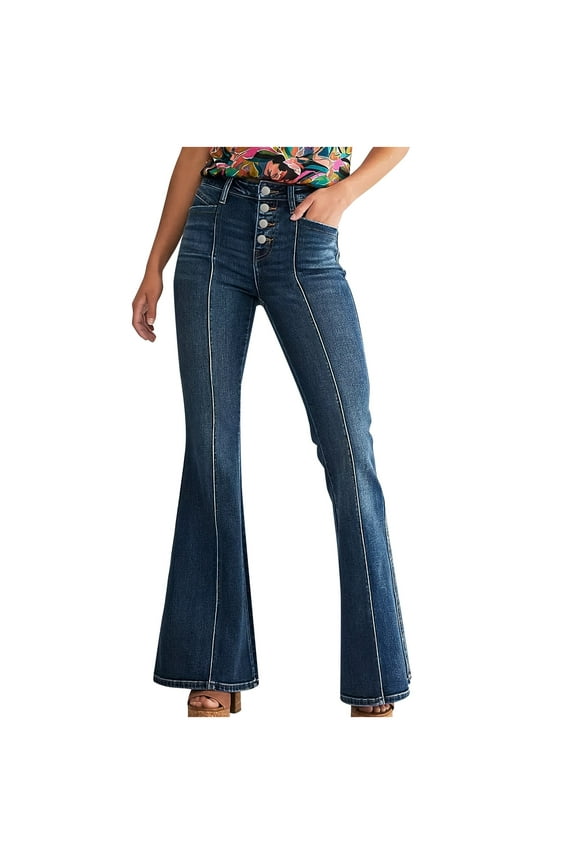 Women's High Waisted Jeans Wide Leg Button Fly Bell Bottoms Flared Denim Pants Causal Pants with Pockets