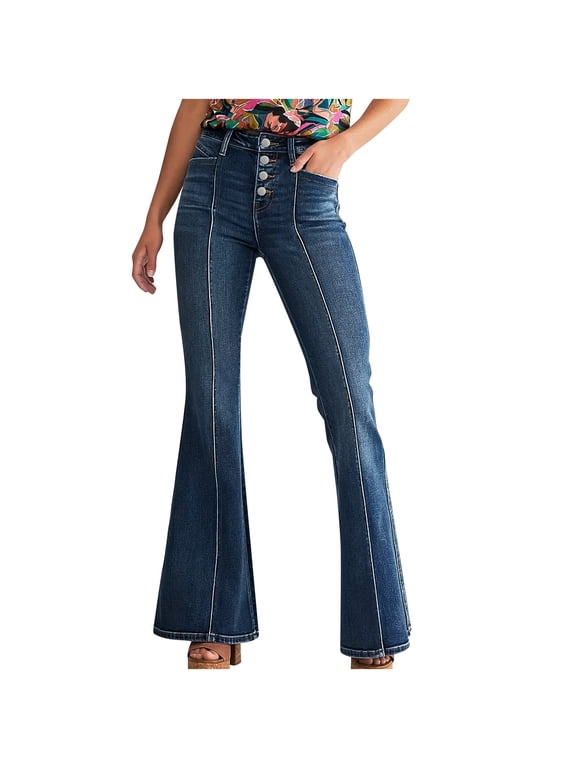 Women's High Waisted Jeans Wide Leg Button Fly Bell Bottoms Flared Denim Pants Causal Pants with Pockets