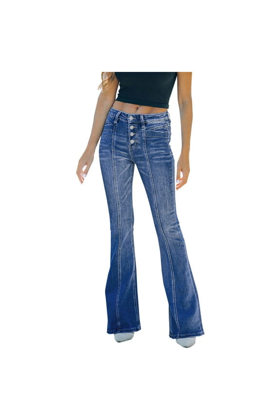 Women's High Waisted Jeans Wide Leg Button Fly Bell Bottoms Flared Zimbaplatinum Denim Pants