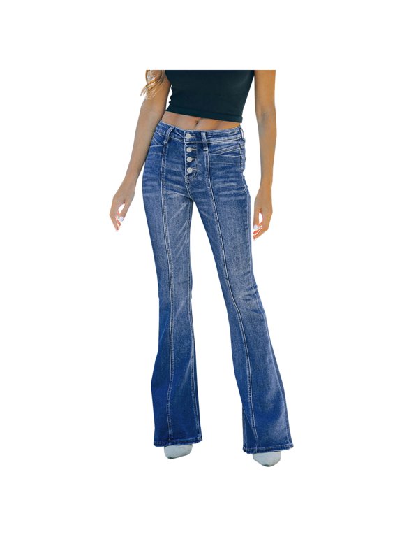 Women's High Waisted Jeans Wide Leg Button Fly Bell Bottoms Flared Zimbaplatinum Denim Pants