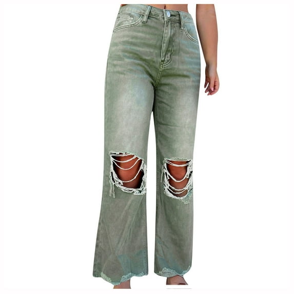 REALiKUN Women's High Waisted Ripped Flare Jeans Baggy Distressed Irregular Hem Wide Leg Bell Bottom Denim Pant