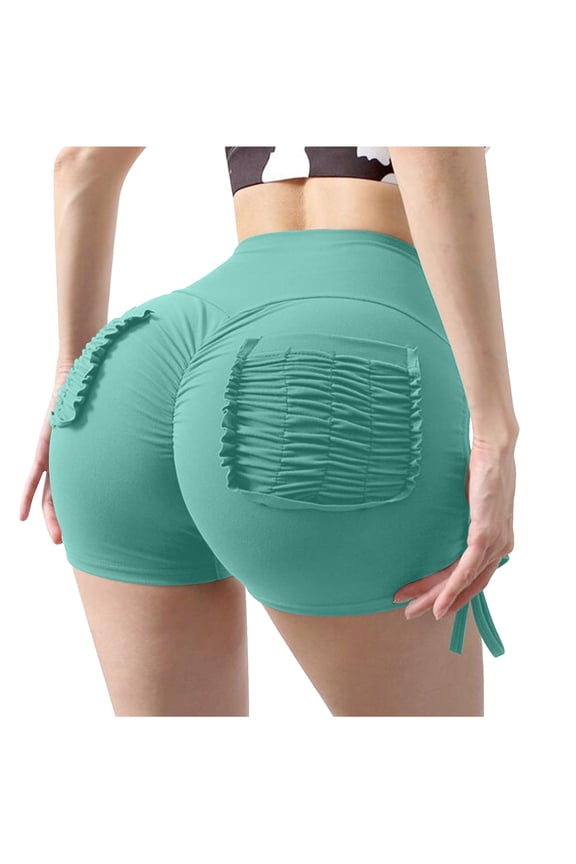 Women's High Waisted Yoga Shorts Sports Gym Ruched Butt Lifting Workout Running Lace Up Back Pockets Booty Shorts