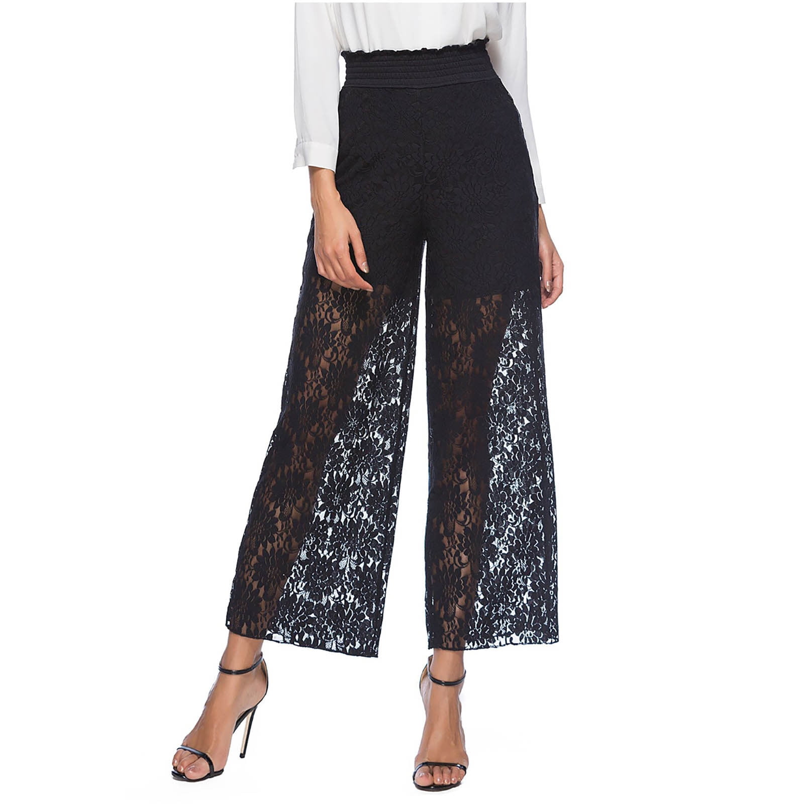 Long sleeve lace see through crewneck pant set