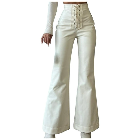 REALiKUN Women's Lace Up Front Faux Leather Flare Pants High Waisted Straight Leg Bell Bottom PU Leather Pants