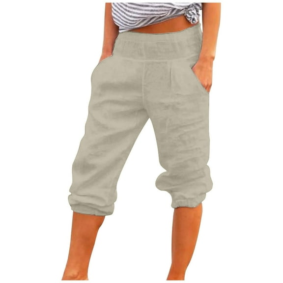 REALiKUN Women's Linen Capris Summer Casual Pants Elastic High Waisted Drawstring Rolled Shorts with Pockets