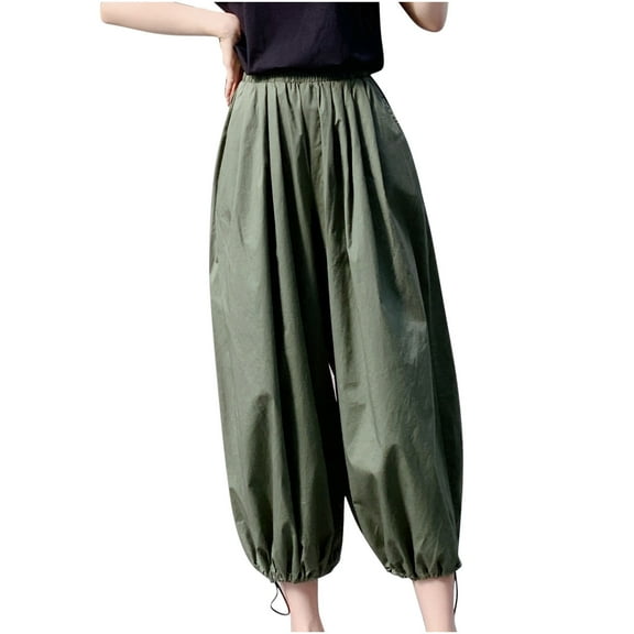 REALiKUN Women's Linen Lantern Pants Casual Cropped Wide Leg Trousers Elastic Waist with Pockets