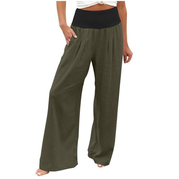 REALiKUN Women's Linen Palazzo Pants Wide Leg High Waisted Lounge Casual Beach Pants Going Out Full Length
