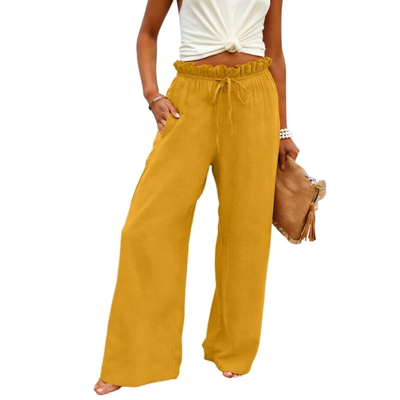 REALiKUN Women's Linen Pull-On Palazzo Pants, High Waist Wide Leg Flowy Trousers with Drawstring, Resort & Casual Wear