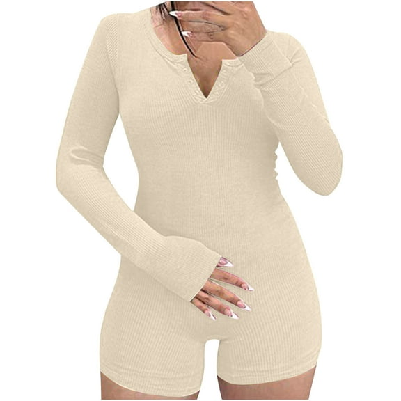 REALiKUN Women's Long Sleeve One Piece Bodycon Short Pants Jumpsuits Ribbed Butt Lifting Sport Rompers Notched Neck Sexy Tights
